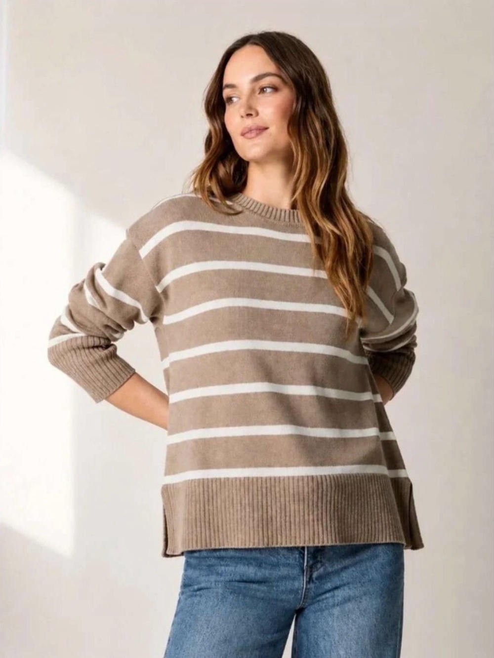 J Crew NWOT Factory Brown Striped Cotton Sweater